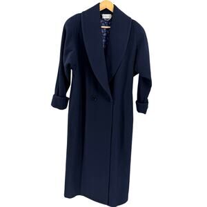 Vintage 80s Ashley Scott Navy Blue 100% Wool Shawl Collar Long Coat